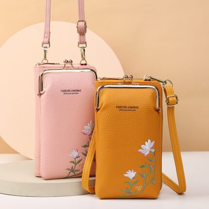 Women’s Embroidered Phone Crossbody Bag with Lock Buckle